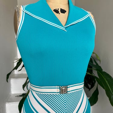Precious 1970s Form Fitting Belted  Aqua and White Chevron Dress 34 Bust Vintage 