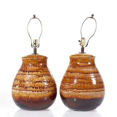 Mid Century Drip Glaze Pottery Lamps - Pair - mcm 