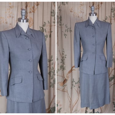 1940s Suit - Impeccably Tailored Vintage Late 40s Skirt Suit Made of Mens' Blue-Grey Wool Suiting 