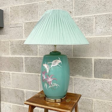 Vintage Table Lamp Retro 1980s Contemporary + Glass + Teal + Floral + Lilies + Calla Lily + Empire Lamp Shade + Mood Lighting + Home Decor 