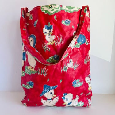 Vintage Red Duck Print Nylon Water Resistant Shopper Tote Bag 