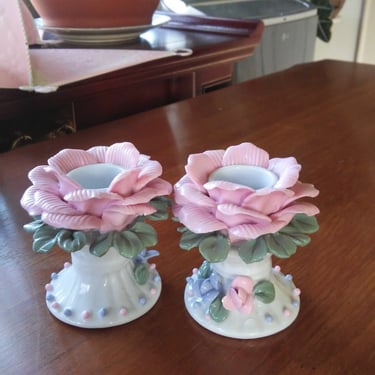 PINK Rose Shabby Chic Candle Holders// Pair of Victorian Syle Porcelain Candle Holders// Gift For Her 