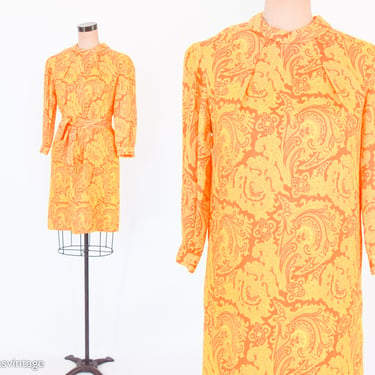 1960s Orange Yellow Print Dress | 60s Yellow & Orange Nylon Print Shift | Medium 