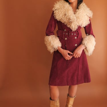 Vintage 70s Mongolian Lamb Fur Trim Coat/ 1970s Penny Lane Belted Jacket/ Size Medium 