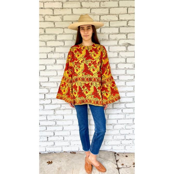 Indian Hand Blocked Tunic // vintage 70s mini dress blouse boho hippie hippy 1970s cotton India sun // O/S 