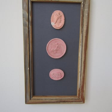 Pair of Framed Intaglios in Reclaimed Wood Antique Frame. 