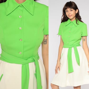 Mod Mini Dress 60s 70s Lime Green High Waisted Button Up Dress Pointed Collar Minidress Collared Pockets Retro Vintage Fred Rothschild Small 