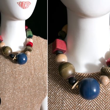 STATEMENT Vintage 70s 80s Chunky Colorful Wood & Brass Beaded Necklace by Carolyn Tanner 