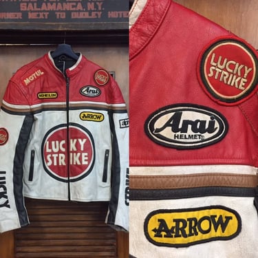 Vintage 1980’s “Lucky Strike” Leather Racing Logo Jacket, Racing Leather, Shwintz, Arai Helmet, Arrow, Cafe Racer Collar, Vintage Clothing 