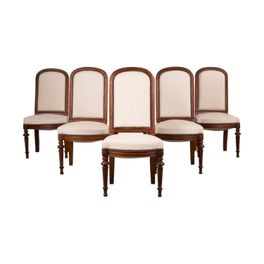 Antique French Napoleon III Style Walnut Dining Chairs W/ Cream Chenille - Set of 6 