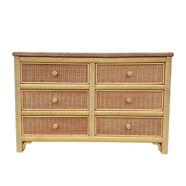 Henry Link Wicker Dresser with 6 Drawers - Vintage Natural Wrapped Rattan Coastal Boho Chic Furniture 