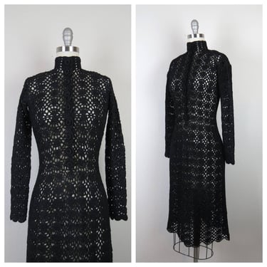 Vintage 1970s crochet dress crocheted black sheer vamp vixen high neck mockneck bodycon 