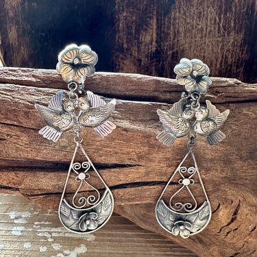 FEDERICO FLOWER LOVEBIRDS Mexican Sterling Silver Clip Ons | Large Chandelier Dangle Earrings | Frida Kahlo Style, Bird Flower | Handmade 