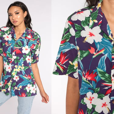 Tropical Shirt Purple Hawaiian Shirt 80s Floral Blouse SURFER Button Up Shirt Vintage Beach Sea Ocean Vacation 90s Medium Large 