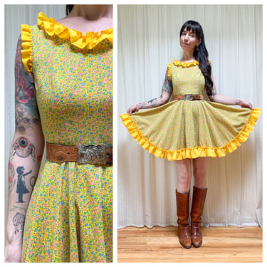 70s handmade yellow floral western full circle dress 