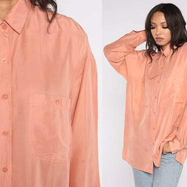 Peach Silk Blouse Y2k Button Up Shirt Retro Plain Simple Long Sleeve Blouse Preppy Chest Pocket Button Down Vintage 00s Oversize Large 