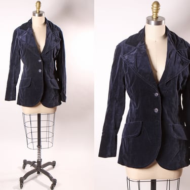 1970s Dark Navy Blue Velvet Long Sleeve Button Up Blazer Jacket by Ellen Tracy -M 