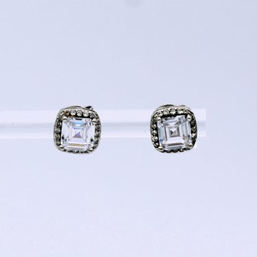 90's square cubic zirconia rhodium plated bling studs, icy princess cut halo CZ wedding earrings 