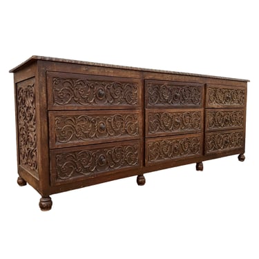 Carved Wood Dresser with 9 Ornate Drawers 81” Long - Large Vintage Peruvian Spanish Colonial Style Buffet Sideboard Credenza Furniture 