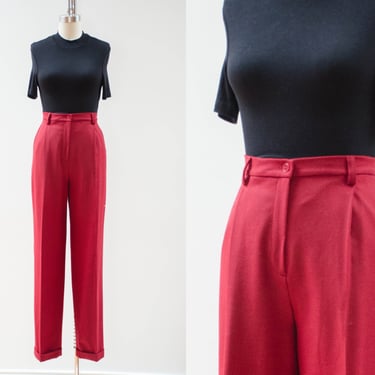 high waisted pants | 90s vintage Ralph Lauren burgundy red wool dark academia style pleated trousers 