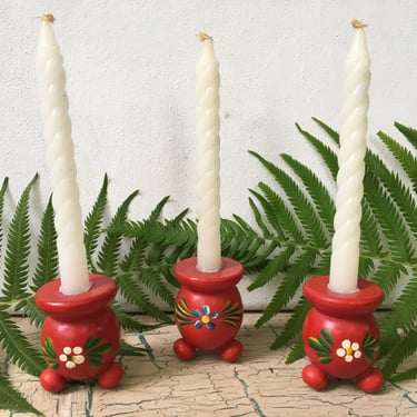 Vintage Wooden Swedish Candle Stick Holders, Small Red Wood Candleholders, Hand painted Floral Design, Set Of 3 