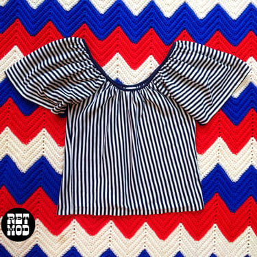 Fun Vintage 60s 70s Navy White Stripe Flutter Sleeve Jersey Top 