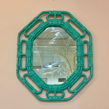 Vintage 1960s Turquoise Painted Octagonal Bamboo Wall Mirror by Homco 