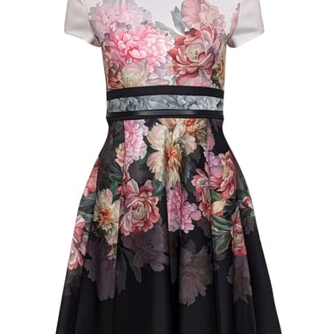 Ted Baker - White, Pink, & Black Floral Short Sleeve Dress Sz 2