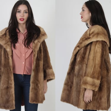 Huge Shawl Collar Real Honey Mink Fur Swing Coat, Natural Autumn Haze Princess Jacket 