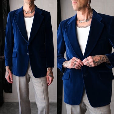 Vintage 70s CENTURY CLUB Lapis Blue Velvet Flare Lapel Two Button Blazer | Made in USA | 1970s Designer Tailored Mens Smoking Dinner Jacket 