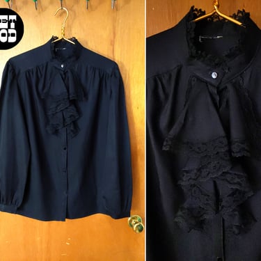Vintage 70s 80s Black Lace Jabot Collar Long Sleeve Button Down Blouse 