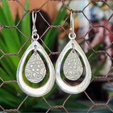 Sterling Teardrop Earrings~Vintage Artisan Jewelry Floral Stamping~Sterling Silver 