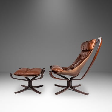 Rare High-Back Falcon Chair with Matching Ottoman in Leather by Sigurd Ressel for Vatne Møbler, Norway, c. 1970's 
