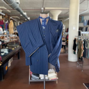 Size 38/40, 30x31 Vintage 1940s 1950s 3pc Double Breasted Blue Rope Stripe Wool Suit 2258 