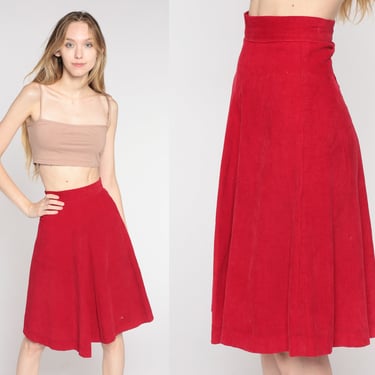 60s Corduroy Skirt Red Thin Wale Midi Skirt High Waisted Mad Men Flared Skirt Work Office Retro 1960s Vintage A-Line 2xs xxs 