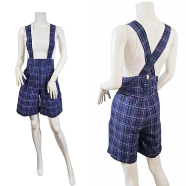 JJ Fargo 1990s Blue Plaid Suspender High Waist Cotton Shorts Romper I Sz Med I W: 31