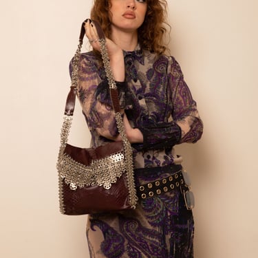 Vintage PACO RABANNE Rare 1970s Chain Mail + Snake Embossed Leather Crossbody Bag Metal Brown Python Silver 1960s 