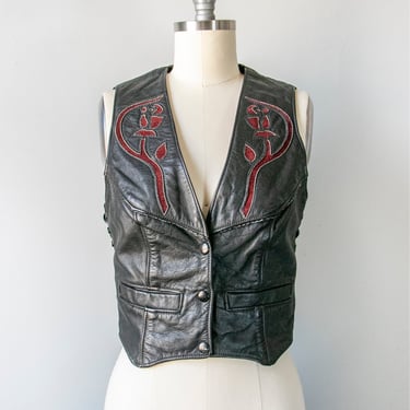 1980s Leather Vest Black Rose Biker Top S 