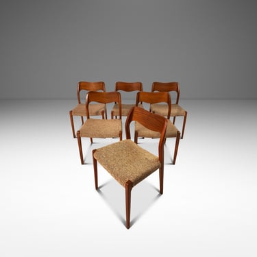 Set of Six (6) Møller Model #71 Dining Chairs in Solid Teak Original Fabric & by Niels Møller for J.L. Møllers Møbelfabrik, Denmark, 1960's 