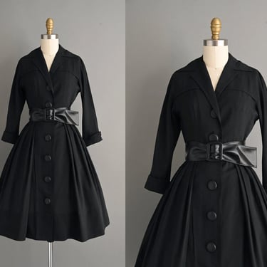 vintage 1950s Black Cotton Shirtwaist Dress - Size XS 
