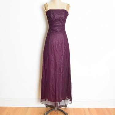 vintage 90s prom dress plum glitter mesh strapless maxi party gown purple XS clothing 