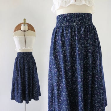 ditsy floral midi skirt - 26-32 - vintage 90s y2k dark blue size small womens  summer cute cottage cottagecore long skirt 