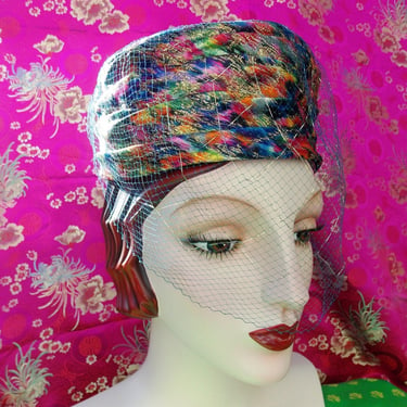 Vintage 60s Over the Rainbow Brocade Turban . Prismatic Pillbox Toque . Dreamy Exotic Fantasy . Modern Miss label .Collectors Masterpiece . 