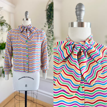 Vintage 1980s Blouse | 80s Silk Rainbow Striped Pussy Bow Long Sleeve Button Up Secretary Work Top (small) 