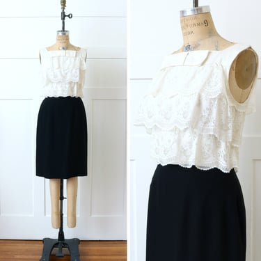 vintage early 1960s ruffle dress • layers of lace black & white tailored cocktail dress 