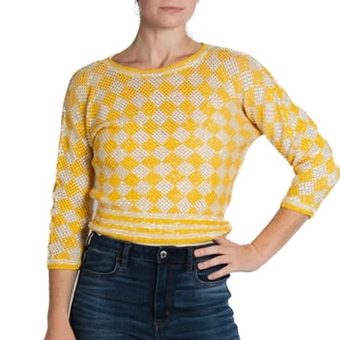 1960S Yellow & Ivory Wool Knit Italian Sequin Beaded Sweater 