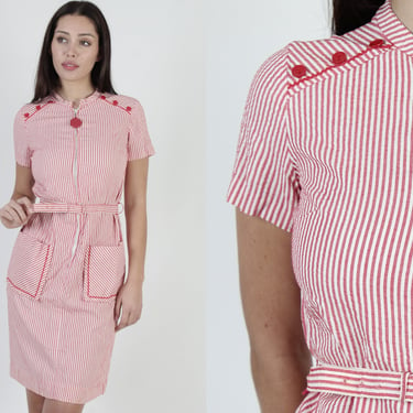 50s Striped Rockabilly Style Dress, Half Zip Up Chest House Dress With Pockets, Vintage 1950's Ric Rac Belted Mini 