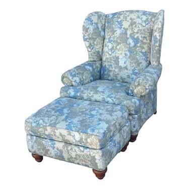 Ethan Allen Rolled Arm Floral Upholstery Wingback Chair With Ottoman 