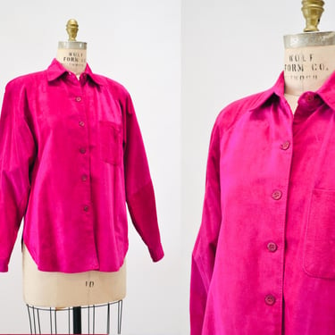 Vintage 90s Bright Pink Leather Shirt Button Down Sueded Leather Shirt Long Sleeve Top Leather Blouse Top Large 90s Pink Fuchsia Suede Shirt 