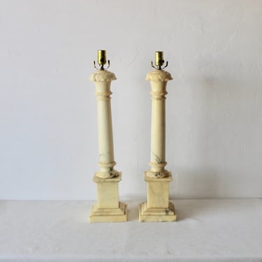 Large Italian Column Neoclassic Alabaster Table Lamps-a pair 